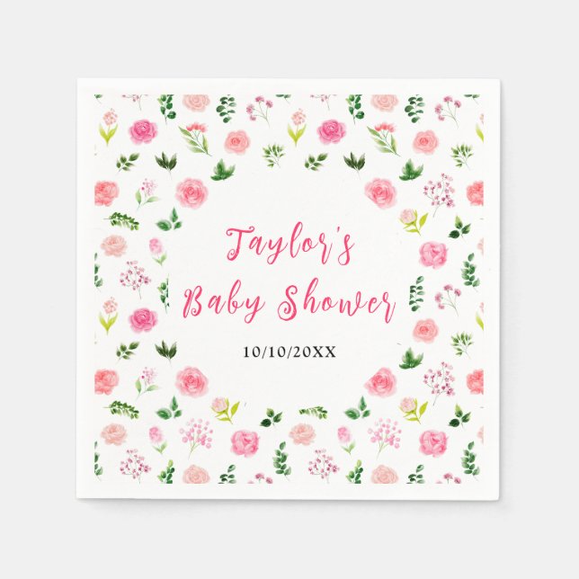 Guardanapo De Papel Pink Roses Floral Baby Shower (Frente)