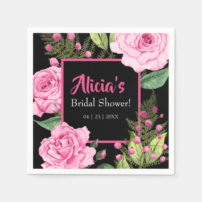 Guardanapo De Papel Pink Roses on Black Bridal Shower Napkins (Frente)
