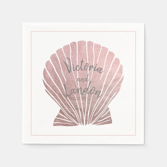 Guardanapo De Papel Pink Silver Metallic Seashell Name Beach Weding (Frente)