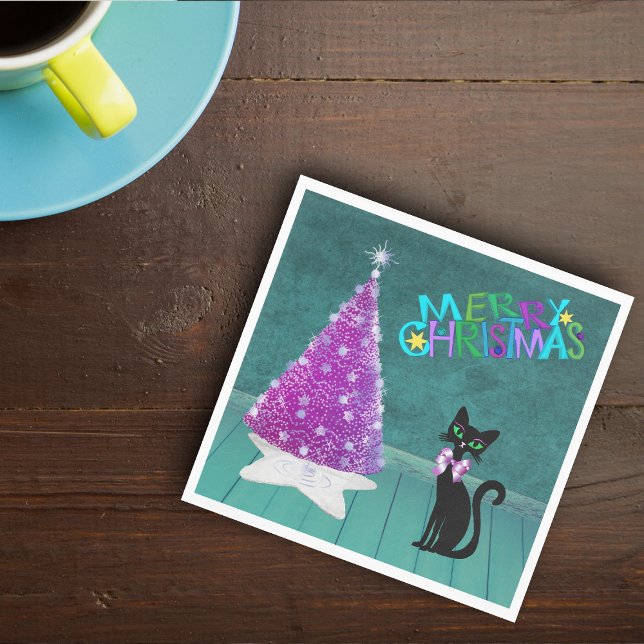 Guardanapo De Papel Pink Silver Mid Century Chistmas Tree Cat Teal (Pink Silver Tree black cat with bow Teal room on Merry Christmas paper napkins.)