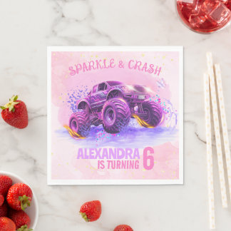 Guardanapo De Papel Pink Sparkle and Crash Monster Truck Girl Birthday
