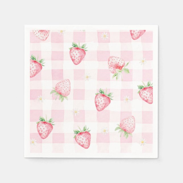Guardanapo De Papel Pink Strawberries Gingham Berry First 1st Birthday (Frente)