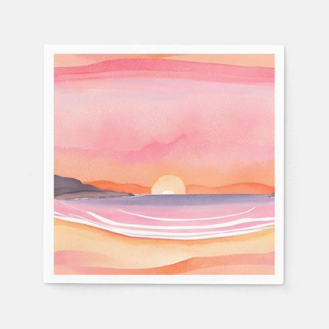 Guardanapo De Papel Pink Sunset | Watercolor Beach Sky Painting (Frente)