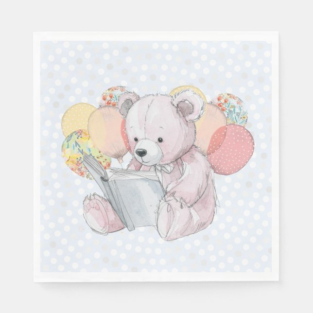 Guardanapo De Papel Pink Teddy Bear reading a book  (Frente)