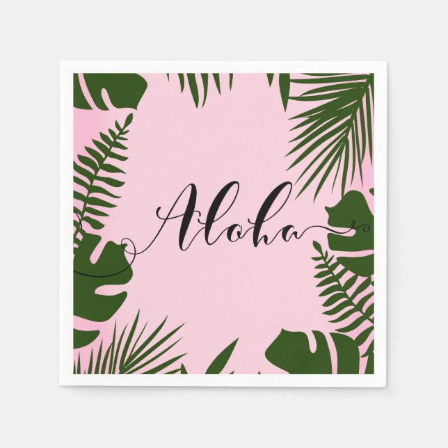 Guardanapo De Papel Pink Tropical Green Leaves Beach Summer Aloha Luau (Frente)