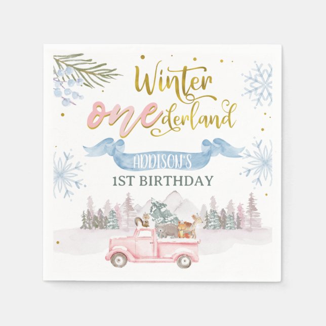 Guardanapo De Papel Pink Truck Banner Winter Onederland Birthday (Frente)