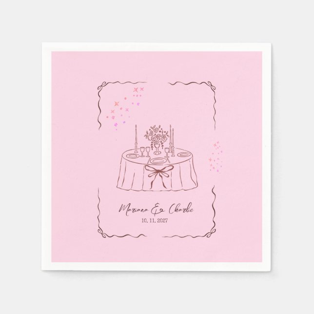 Guardanapo De Papel Pink Whimsical Hand Drawn Illustrated Wedding  (Frente)