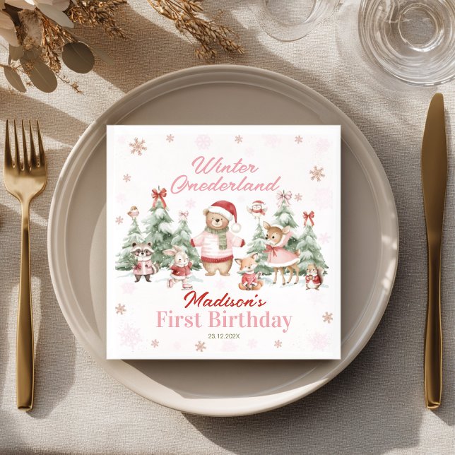 Guardanapo De Papel Pink Winter Onederland Woodland Animals Birthday (Criador carregado)