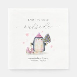 Guardanapo De Papel Pink Winter Woodland Skate Penguin Baby Shower