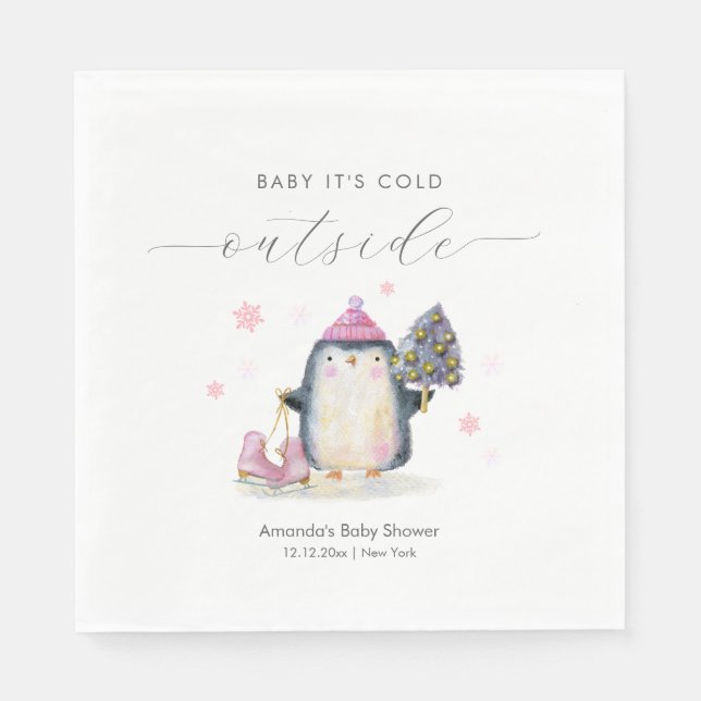 Guardanapo De Papel Pink Winter Woodland Skate Penguin Baby Shower  (Frente)