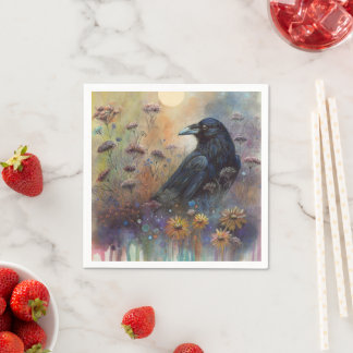 Guardanapo De Papel Pintado à Mão Raven com Flores Selvagens