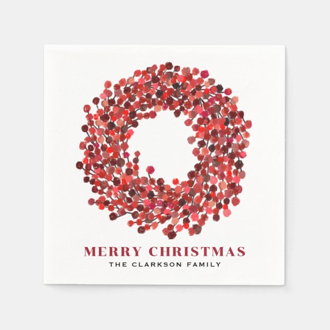 Guardanapo De Papel Pintado Mão Vermelho Winterberry Wreath no Natal (Frente)