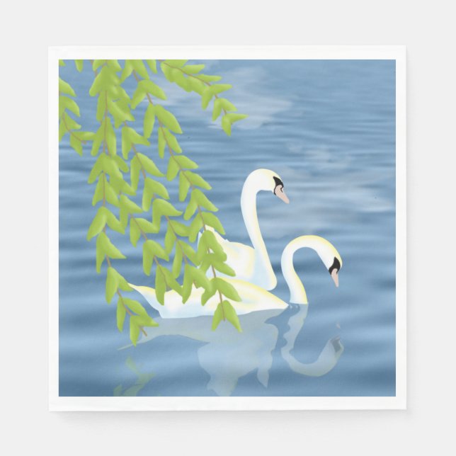 Guardanapo De Papel Pintando o par de Cisnes Azuis e Verdes no lago (Frente)
