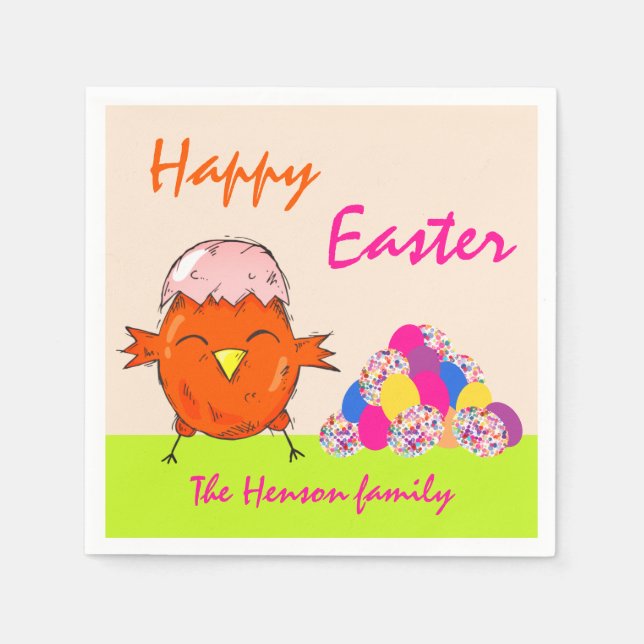 Guardanapo De Papel Pintinho bonito com Felz pascoa de Ovos de Páscoa (Frente)