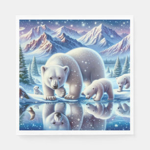 Guardanapo De Papel Pintura Cena Nevada Família de Ursos Polares