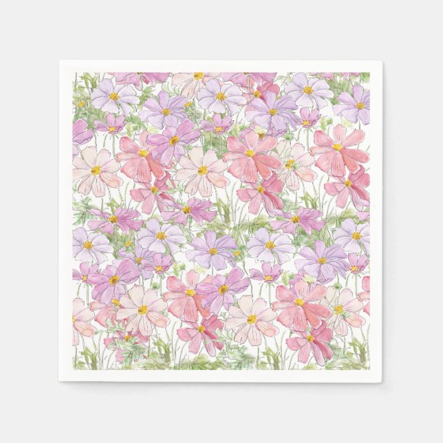 Guardanapo De Papel pintura de flores do cosmos, rosa e púrpura (Frente)