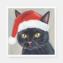 Guardanapo De Papel Pintura de Natal de Gato Preto com Chapéu de Papai