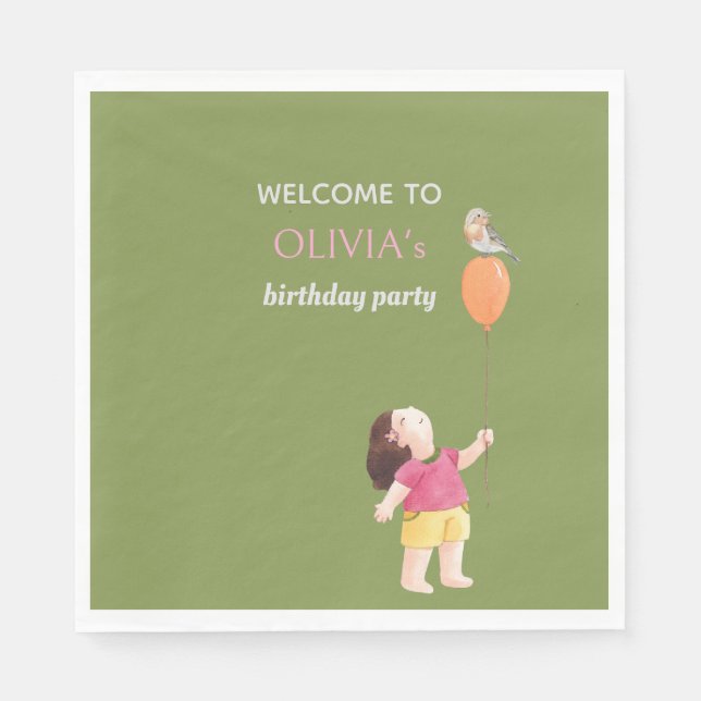 Guardanapo De Papel Piquenique das Crianças de Aniversário Rosa e Verd (Frente)