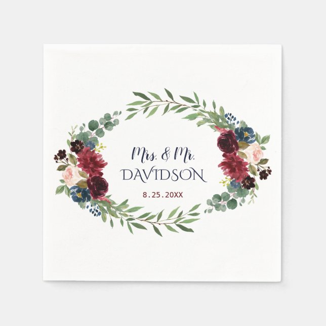 Guardanapo De Papel Planejador de Casamento Floral Azul Marinho Merlot (Frente)
