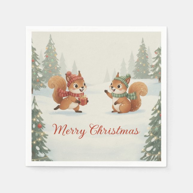 Guardanapo De Papel Playful Squirrels in Christmas Winter Forest (Frente)