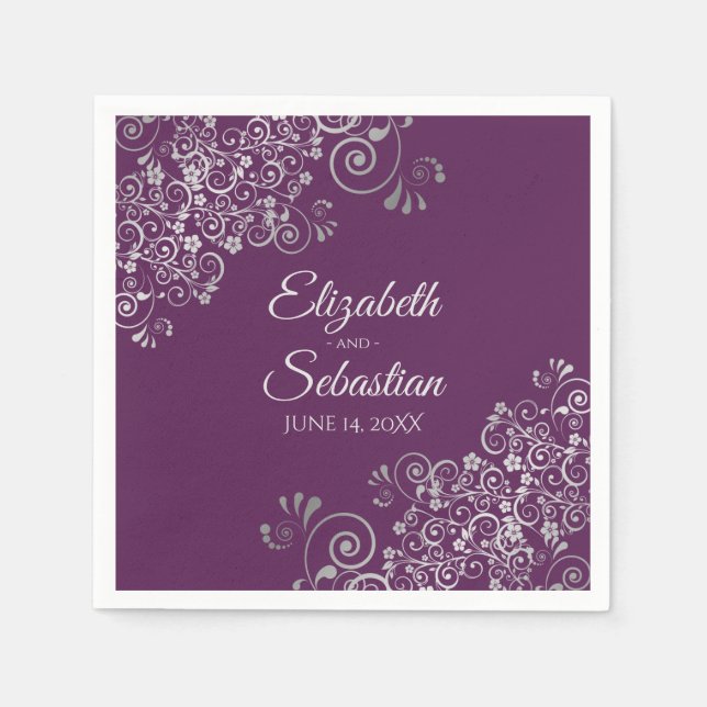 Guardanapo De Papel Plum Purple with Silver Frills Elegant Wedding (Frente)