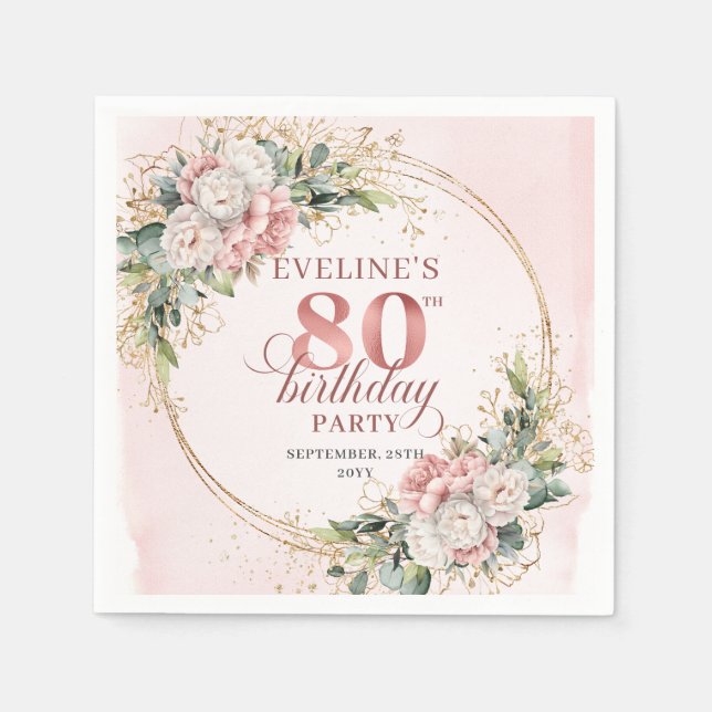 Guardanapo De Papel Pó de Rosa Flores Rosa Boho 80º Aniversário  (Frente)