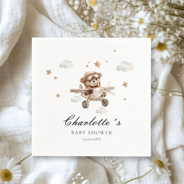 Guardanapo De Papel Podemos Esperar! Urso De Teddy E Avião (We Can Bearly Wait! Teddy Bear & Airplane White Napkins. Personalized with your name & date.)