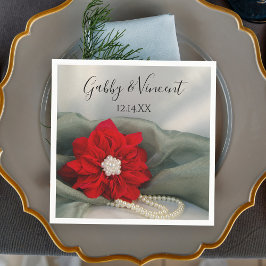 Guardanapo De Papel Poinsettia e Pérolas no Casamento no inverno Verde