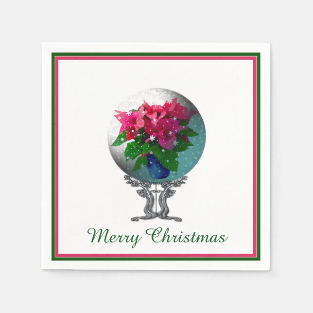 Guardanapo De Papel Poinsettia Snowglobe Papel de Natal Napkins (Frente)