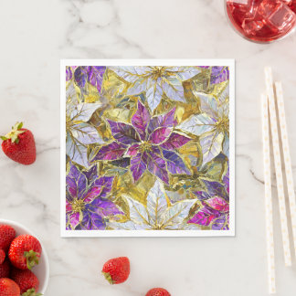 Guardanapo De Papel Poinsettias de Natal Rosa Roxo Dourado Branco