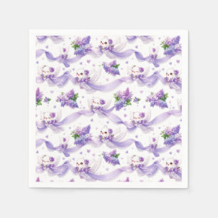 Guardanapo De Papel Pombas de Casamento Fofas com Lilases e Fitas