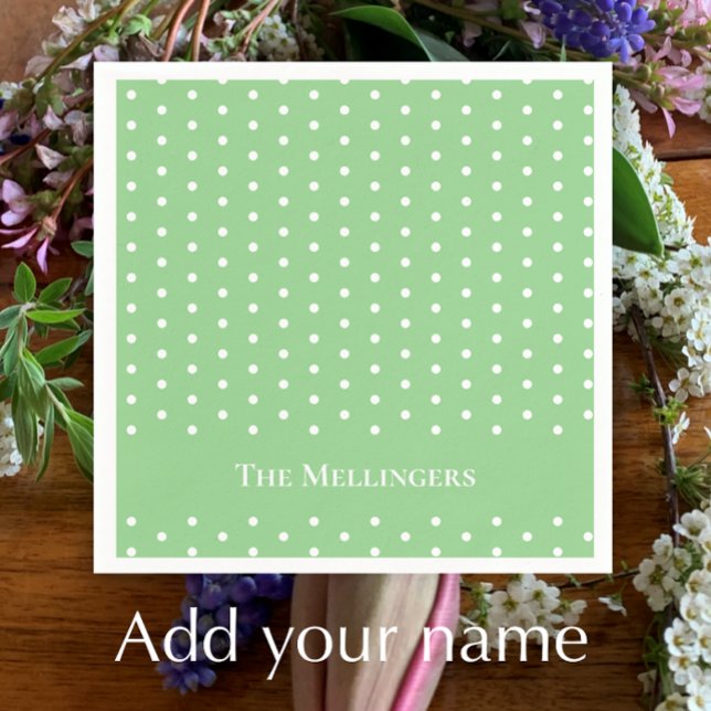 Guardanapo De Papel Ponto de Bolinha Branco e Verde Pastel Personaliza (Add your family name to these fresh green polka dot Easter napkins. 
)