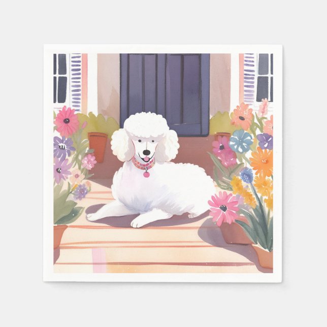 Guardanapo De Papel Poodle Branco | Flores Aquarela de Cachorro Pet (Frente)