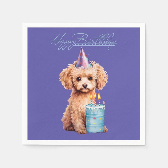 Guardanapo De Papel Poodle Feliz de Aniversário com o Chapéu do Partid (Frente)