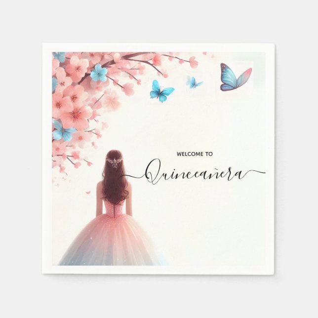 Guardanapo De Papel Por "Quinceanera", "Cinza Rosa", "Cereja" (Frente)