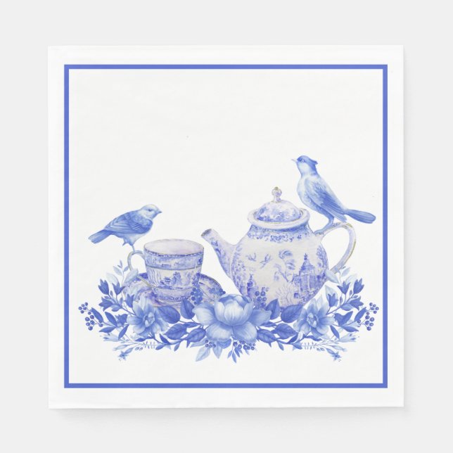 Guardanapo De Papel Pote Floral Azul e Branco com Aves (Frente)