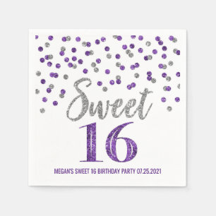 Guardanapo De Papel Prata de Prata Roxo Confetti Sweet 16 Aniversário
