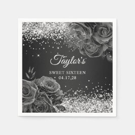 Guardanapo De Papel Prateado Brilhante Preto Floral Glam Sweet Sixteen