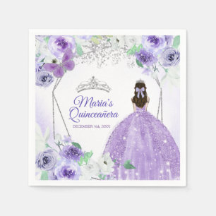 Guardanapo De Papel Prateado Vestido Roxo Quinceañera Coroa Aniversári