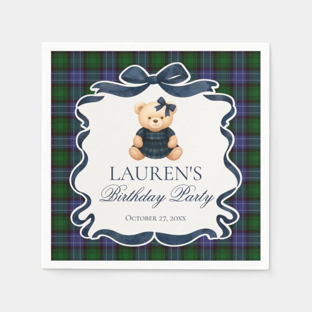 Guardanapo De Papel Preppy Coquette Bow Bear Tartan Plaid Birthday (Frente)