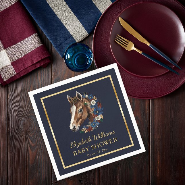 Guardanapo De Papel Preppy Equestrian Foal Chá de fraldas (Charming Classic Preppy Equestrian Foal and Floral Wreath Navy Blue Boy Baby Shower Paper Napkins)