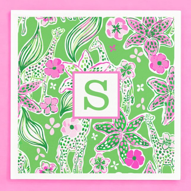Guardanapo De Papel Preppy Girafas Lily Pink Green Monograma (Criador carregado)