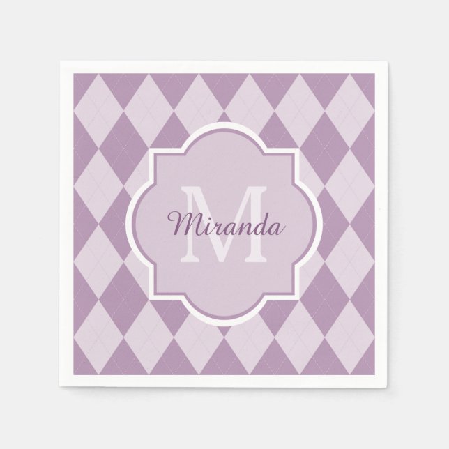 Guardanapo De Papel Preppy Light Purple Argyle Girly Monograma e Nome (Frente)