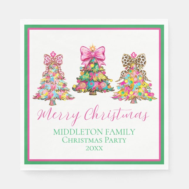 Guardanapo De Papel Preppy Pink and Green Christmas Trees (Frente)