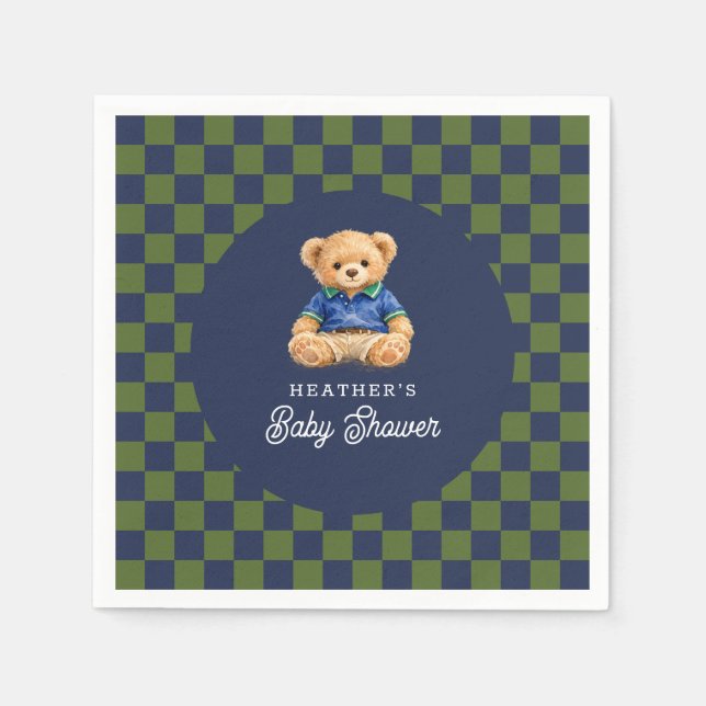 Guardanapo De Papel Preppy Teddy Bear Checkboard Baby Shower (Frente)