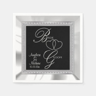 Guardanapo De Papel Preto bonito, prata & casamento branco do cetim
