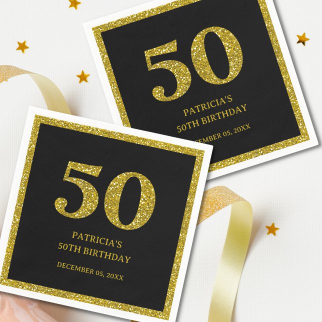 Guardanapo De Papel Preto clássico e Festa de aniversário brilhante Do (Classy Black And Gold Glitter 50th Birthday Party paper napkins)
