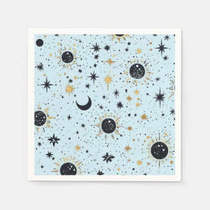 Guardanapo De Papel Preto, Dourado e Azul Sol Lua Estrelas Celestiais