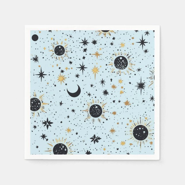 Guardanapo De Papel Preto, Dourado e Azul Sol Lua Estrelas Celestiais (Frente)