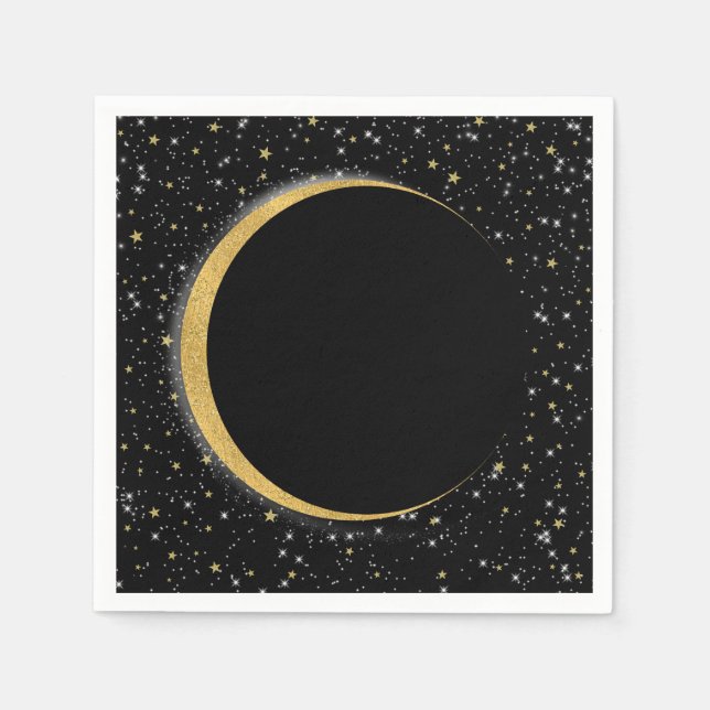 Guardanapo De Papel Preto & Dourado Estrelas Lua Celestial Mágica Luna (Frente)